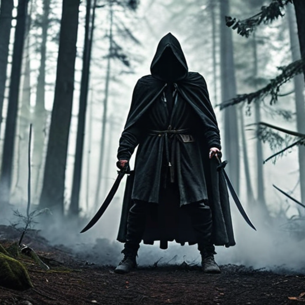 **

"Mystical Shadow Walker, cloaked figure in a dark forest, wielding a dagger, surrounded by smoke bombs, Lineage game art style."

**