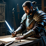 A skilled fantasy game warrior, fully clothed in intricate, modest, battle-worn armor, stands focused over a mystical enchanting workbench. His hands, with proper finger count and well-formed, carefully hold a legendary, glowing 'Daemon's Dagger', surrounded by subtle arcane symbols and a faint magical aura, indicating an enhancement process. The background is a detailed, dimly lit fantasy workshop filled with various crafting tools and ancient scrolls. The pose is natural and depicts a moment of deep concentration. safe for work, appropriate content, fully clothed, professional, perfect anatomy, correct proportions, natural body proportions, professional photography, highly detailed, realistic, cinematic lighting, ultra quality.