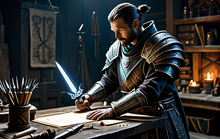 A skilled fantasy game warrior, fully clothed in intricate, modest, battle-worn armor, stands focused over a mystical enchanting workbench. His hands, with proper finger count and well-formed, carefully hold a legendary, glowing 'Daemon's Dagger', surrounded by subtle arcane symbols and a faint magical aura, indicating an enhancement process. The background is a detailed, dimly lit fantasy workshop filled with various crafting tools and ancient scrolls. The pose is natural and depicts a moment of deep concentration. safe for work, appropriate content, fully clothed, professional, perfect anatomy, correct proportions, natural body proportions, professional photography, highly detailed, realistic, cinematic lighting, ultra quality.