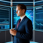 A professional business executive in a sleek, modest business suit, fully clothed, appropriate attire, professional dress, standing thoughtfully before a complex holographic projection displaying intricate economic data visualizations. The background features a sophisticated, minimalist data analysis center with softly glowing server racks. Perfect anatomy, correct proportions, natural pose, well-formed hands, proper finger count, natural body proportions. Professional photography, clean sharp focus, high resolution, soft ambient lighting. Safe for work, appropriate content, family-friendly.