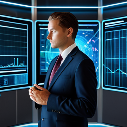 A professional business executive in a sleek, modest business suit, fully clothed, appropriate attire, professional dress, standing thoughtfully before a complex holographic projection displaying intricate economic data visualizations. The background features a sophisticated, minimalist data analysis center with softly glowing server racks. Perfect anatomy, correct proportions, natural pose, well-formed hands, proper finger count, natural body proportions. Professional photography, clean sharp focus, high resolution, soft ambient lighting. Safe for work, appropriate content, family-friendly.