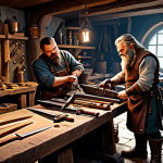 **

"A bustling crafting workshop in a fantasy setting. A dwarf smith, fully clothed in leather apron and practical attire, carefully examines a newly forged sword. An apprentice assists, organizing materials. Various tools and crafting components are visible: anvils, hammers, ore piles, finished weapons. Warm lighting, detailed textures, safe for work, appropriate content, fully clothed, professional craftsmanship, perfect anatomy, natural proportions."

**