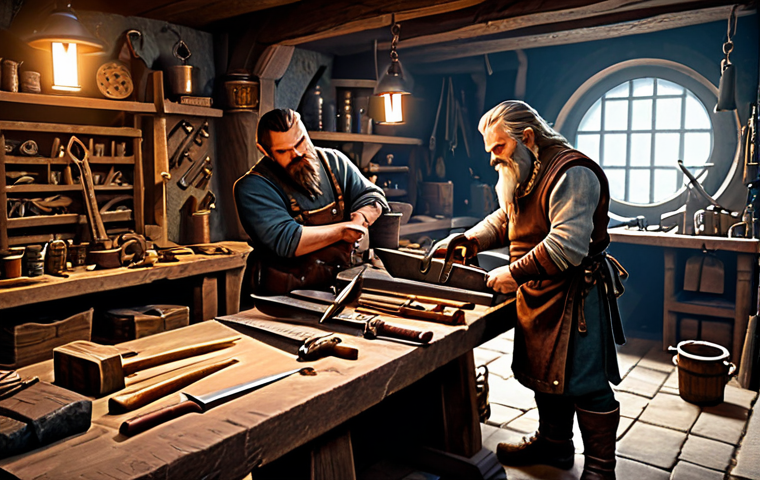 **

"A bustling crafting workshop in a fantasy setting. A dwarf smith, fully clothed in leather apron and practical attire, carefully examines a newly forged sword. An apprentice assists, organizing materials. Various tools and crafting components are visible: anvils, hammers, ore piles, finished weapons. Warm lighting, detailed textures, safe for work, appropriate content, fully clothed, professional craftsmanship, perfect anatomy, natural proportions."

**